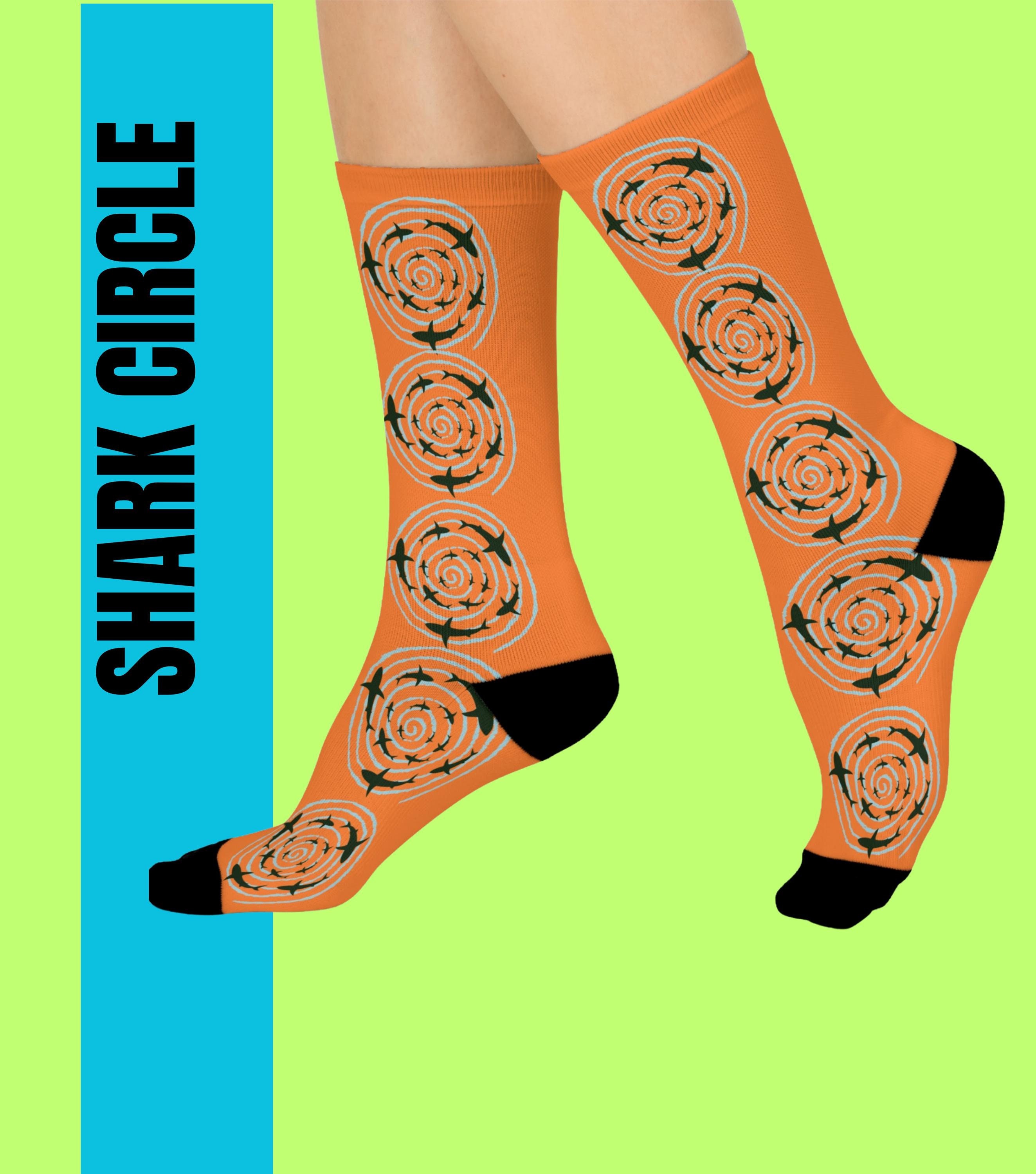 Shark Circle Orange Cushioned Crew Socks, Gift for Groomsmen, Novelty Footwear, Sea Creature Pattern, Marine Life Print, Fisherman Aesthetic