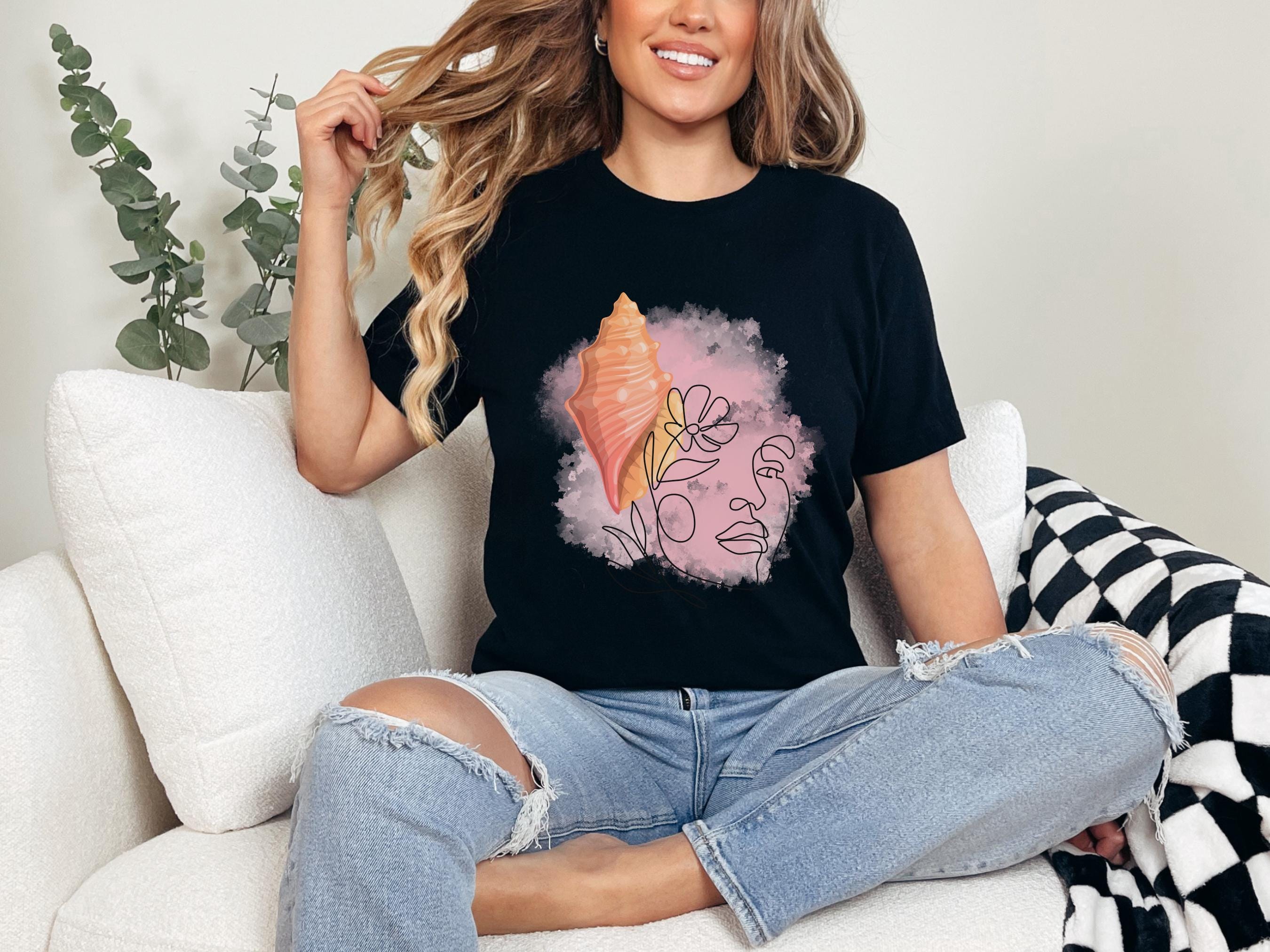 Woman Face Cobo Shell and Flowers Tshirt, Floral Feature Tshirt, Nature Inspired Shirt, Feminine Clothing, Shell and Floral Tshirt, Coastal