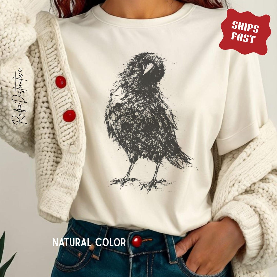 Crow Sketch Shirt, Gothic Raven Comfort Colors Tee, Black Bird Gift Shirt for Adults, Kids