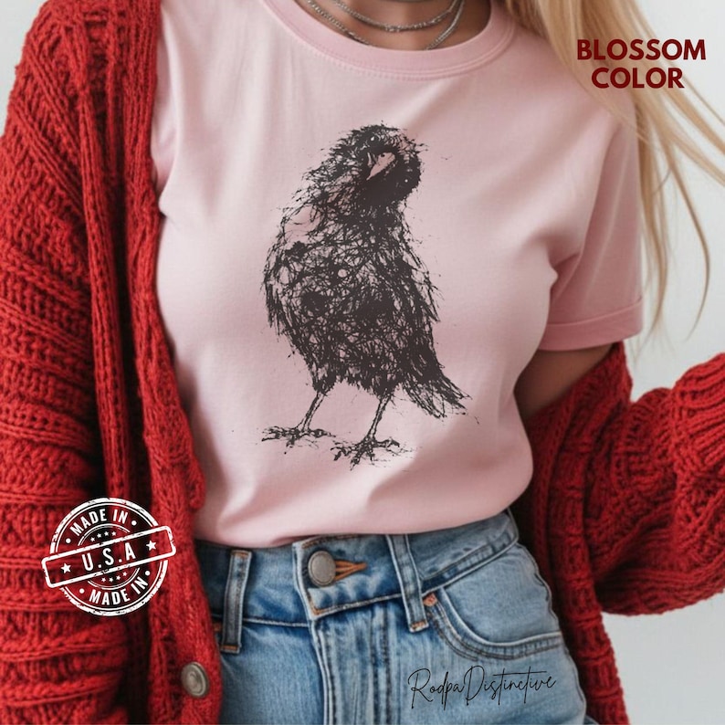 Crow Sketch Shirt, Gothic Raven Comfort Colors Tee, Black Bird Gift Shirt for Adults, Kids image 8