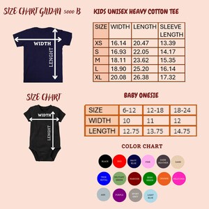 Pu&ograve; includere: Tabella delle taglie per t-shirt unisex in cotone pesante Gildan 5000 B per bambini e body per neonati. Include misure di larghezza, lunghezza e lunghezza manica in cm. Tabella colori con varie opzioni.