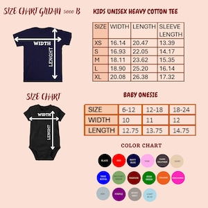 May include: A size chart for a Gildan 5000B kids unisex heavy cotton tee and a baby onesie, featuring measurement tables in inches, a visual guide for width and length, and a color chart displaying various available fabric color options.