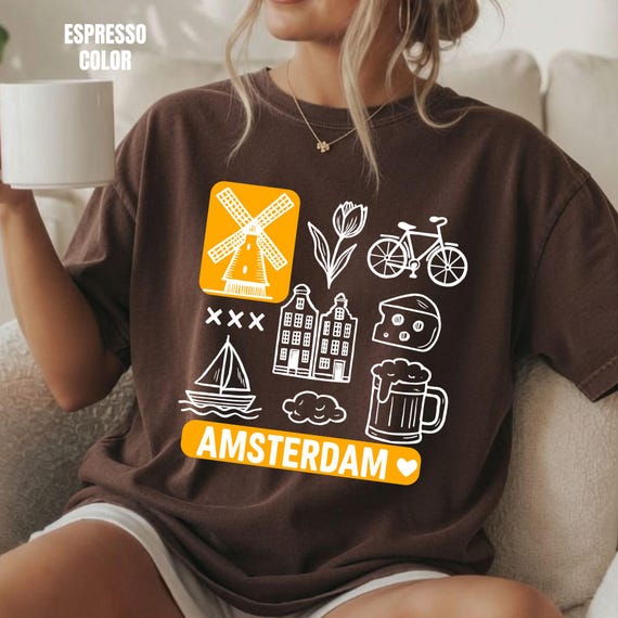 Amsterdam Travel Tee: Dutch Icons Souvenir Shirt, Comfort Colors Netherlands T-Shirt