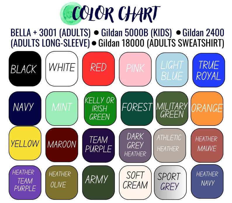 May include: A colour chart displaying a range of fabric colours. The chart includes shades such as black, white, red, pink, light blue, and true royal. Other colours are navy, mint, kelly green, forest green, and orange.