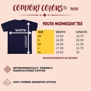 May include: Navy blue youth midweight tee with size and measurement details in inches. The shirt is made of environmentally friendly, 100% combed ringspun cotton. The Comfort Colors brand logo is at the top.