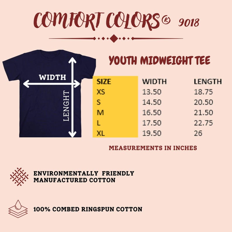 May include: Navy blue youth midweight tee with size and measurement details in inches. The shirt is made of environmentally friendly, 100% combed ringspun cotton. The Comfort Colors brand logo is at the top.
