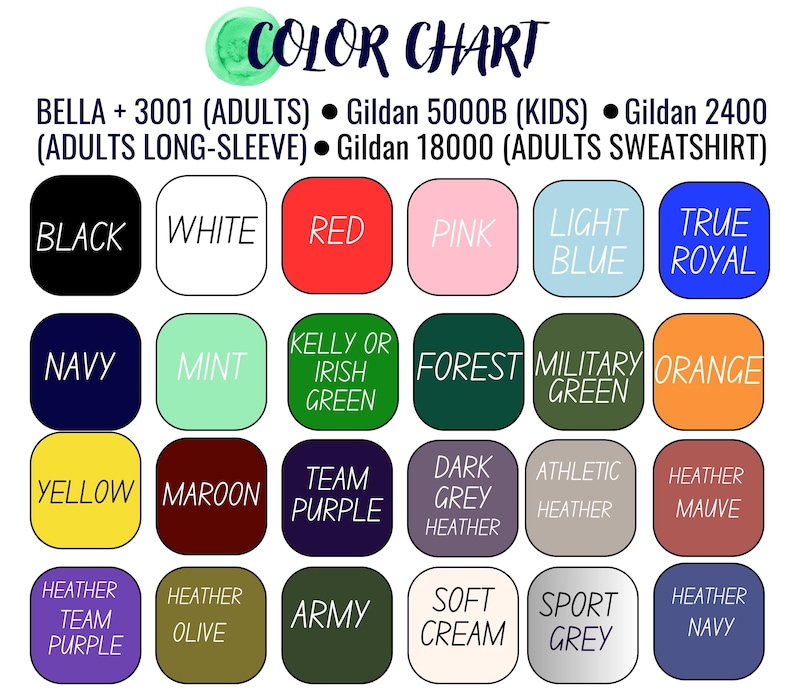 Pu&ograve; includere: Tabella dei colori con uno schizzo di acquerello in alto. La tabella mostra una variet&agrave; di colori, tra cui nero, bianco, rosso, rosa e blu. Elenca anche i tipi di abbigliamento e i marchi.