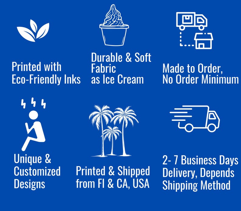 May include: A blue background with white text detailing product features. Text includes "Printed with Eco-Friendly Inks," "Durable & Soft Fabric as Ice Cream," and "Made to Order, No Order Minimum." Other text includes "Unique & Customized Designs."