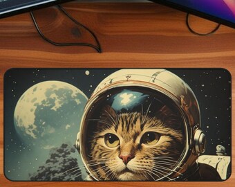 Alfombrilla de escritorio con diseño de gato astronauta, alfombrilla de ratón retro con gatito espacial, accesorio de escritorio vintage de ciencia ficción, alfombra de juegos.