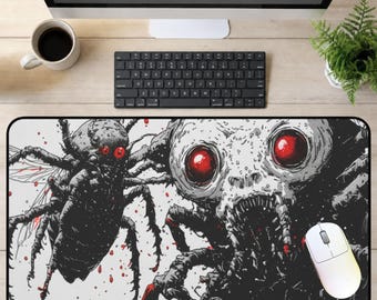 Alfombrilla de escritorio gótica con araña, alfombrilla de ratón con insecto de ojos rojos y negros espeluznante, arte de terror oscuro, regalo de Halloween para el espacio de trabajo
