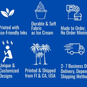 May include: White text on a blue background highlights product features. The text includes "Printed with Eco-Friendly Inks," "Durable & Soft Fabric as Ice Cream," "Made to Order, No Order Minimum," "Unique & Customized Designs," and "Printed & Shipped from FI & CA, USA."