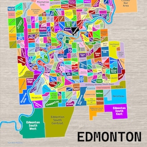 Puede incluir: Un mapa colorido de Edmonton, Canadá, con varios barrios etiquetados en diferentes colores. El mapa incluye la rosa de los vientos y el texto "Edmonton" en la parte inferior. El fondo es de madera clara.