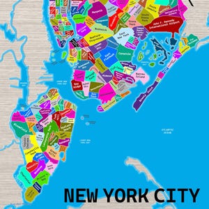 May include: A colorful map of New York City, showing the boroughs and neighborhoods with their names. The map is set against a light wood grain background, with the words "NEW YORK CITY" at the bottom.