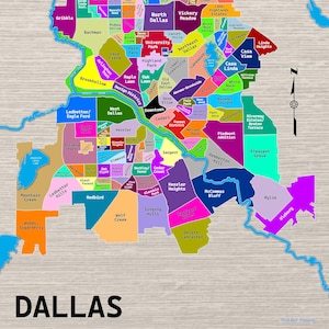 May include: A detailed map of Dallas, Texas, showing the different districts, each with a distinct colour and name. The map is set against a wood-effect background. The word "DALLAS" is at the bottom.