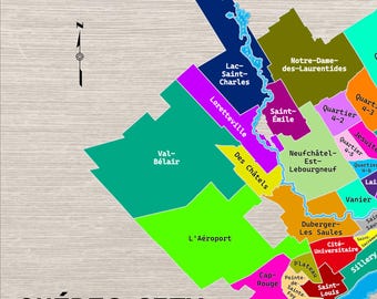 Posterkaart van de stadswijken van Quebec