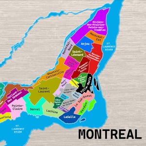 以下が含まれることがあります： カナダのモントリオールのカラフルな地図で、各区が異なる色で区別されています。地図にはセントローレンス川、二つの山の湖、アンジュ、ヴェルダン、ラシーヌなどの区名が含まれています。「モントリオール」の文字が下にあります。
