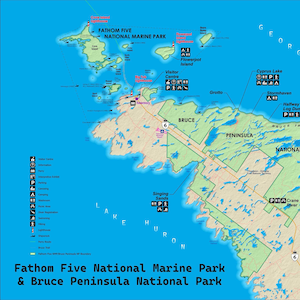 Affiche de carte du parc marin national Fathom Five et du parc national de la Péninsule-Bruce