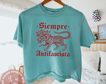 Siempre Antifascista 3 Headed Tiger Grunge Women's Boxy Tee FDT Retro Art Progressive Political Protest Cropped Shirt Gift