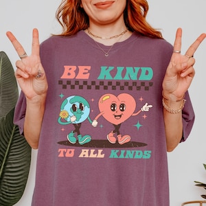 Retro Be Kind Cartoon Comfort Colors® Equality Shirt Equal Rights Vintage Cartoon Tshirt Be Kind to All Kinds Heart Earth Positivity Shirt