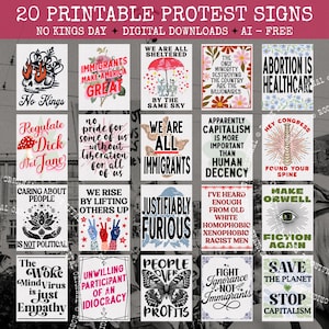 Może przedstawiać: Zestaw 20 drukowanych znaków protestacyjnych z różnymi hasłami i grafiką. Znaki zawierają frazy takie jak „No Kings”, „Immigrants Make America Great” i „Abortion is Healthcare”. Znaki są dostępne jako pliki do pobrania.