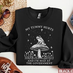 May include: Black sweatshirt with a white graphic of a frog sitting on a mushroom. The text "My tummy hurts and I'm mad at the government" is printed on the sweatshirt.