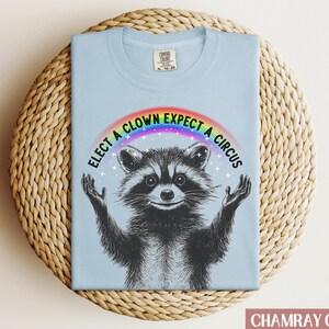 May include: Light blue t-shirt with a raccoon wearing a rainbow and the text "Elect a clown expect a circus".