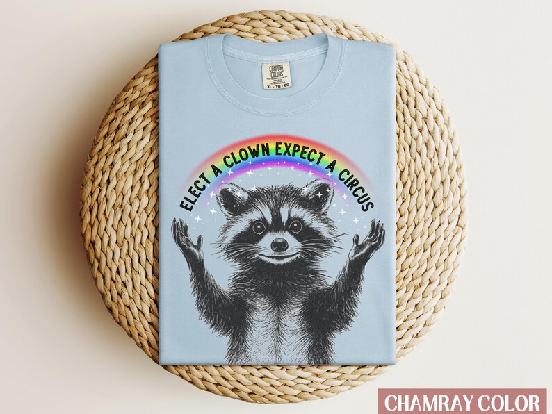 May include: Light blue t-shirt with a raccoon wearing a rainbow and the text "Elect a clown expect a circus".
