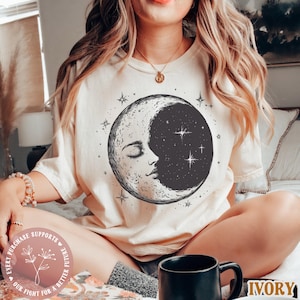 Vintage Moon Face Comfort Colors® Shirt Celesital Tee Gift for Her Retro Illustration Black and White Alternative Boho Tshirt Vintage Wash