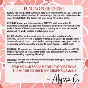 May include: A pink and white floral-themed graphic with text detailing order placement, sizing, returns, printing, and shipping information. The text includes a thank you message and a signature.