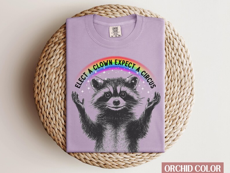 May include: A purple t-shirt with a raccoon wearing a rainbow and the text "Elect a clown expect a circus".