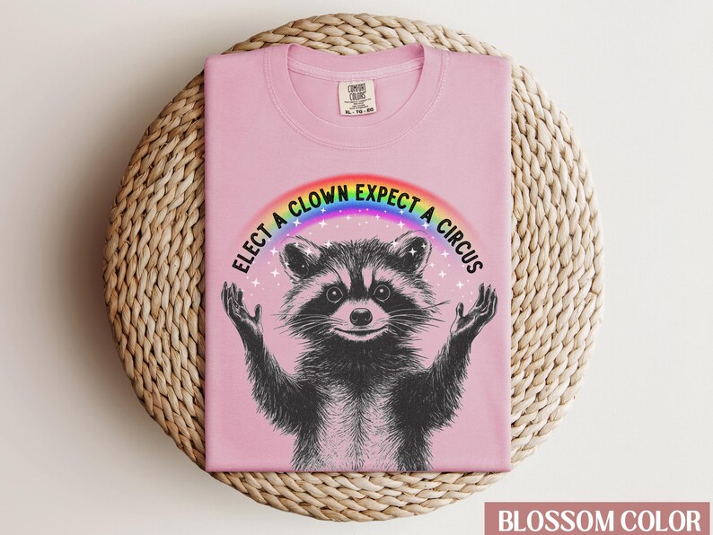 May include: Pink t-shirt with a raccoon wearing a rainbow and the text "Elect a clown expect a circus".
