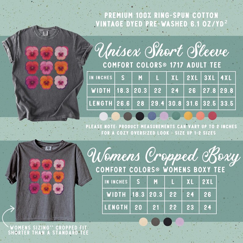 Puede incluir: Una camiseta gris oscuro de manga corta con una cuadr&iacute;cula de nueve flores de pensamiento coloridas en el pecho. La imagen incluye dos tablas de tallas para estilos unisex y cortos, con medidas en pulgadas para las tallas S a 4XL.