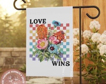 Rainbow Love Wins LGBTQIA+ Equality Checkered Vintage Floral Garden & House Banner Resistance Political Protest Art Home Decor House Flag