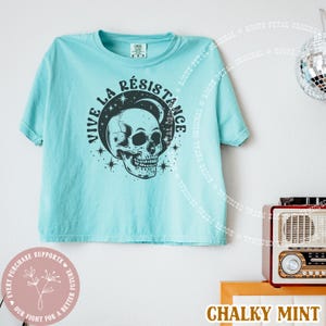 May include: A light blue t-shirt with the text "VIVE LA R&Eacute;SISTANCE" surrounding a skull graphic. The shirt is a chalky mint color and has short sleeves. The design includes stars and a crescent moon.