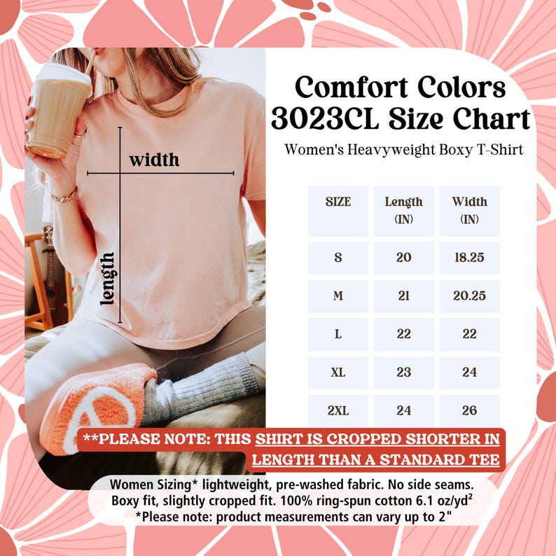 以下が含まれることがあります： S〜2XLの女性用ヘビーウェイトボクシーTシャツのサイズチャート。チャートは、インチ単位の長さと幅を示しています。このシャツは、標準的なTシャツよりも丈が短くなっています。このシャツは軽量で、予洗い済みで、100％リングスパンコットン製です。