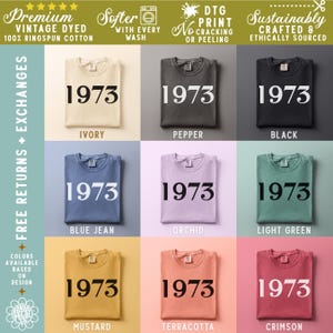 May include: A collection of nine crew neck t-shirts in ivory, pepper, black, blue jean, orchid, light green, mustard, terracotta, and crimson. Each shirt features the year 1973 printed in a bold serif font on the front center of the garment.
