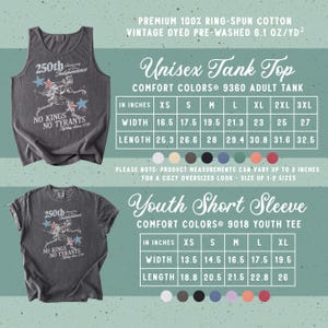 May include: Dark gray unisex tank top and short sleeve t-shirt with a vintage graphic commemorating the 250th anniversary of independence. The shirts feature the text "No Kings, No Tyrants" and size charts in inches.