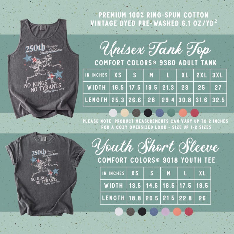 May include: Dark gray unisex tank top and short sleeve t-shirt with a vintage graphic commemorating the 250th anniversary of independence. The shirts feature the text "No Kings, No Tyrants" and size charts in inches.
