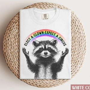 May include: White t-shirt with a raccoon wearing a rainbow and the text "Elect a clown expect a circus".