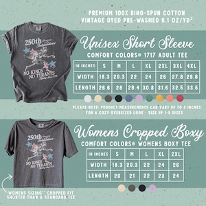 May include: Two gray t-shirts with a vintage design commemorating the 250th anniversary of independence. The shirts feature the text "No Kings, No Tyrants" and size charts in inches. The shirts are unisex and women's cropped boxy.