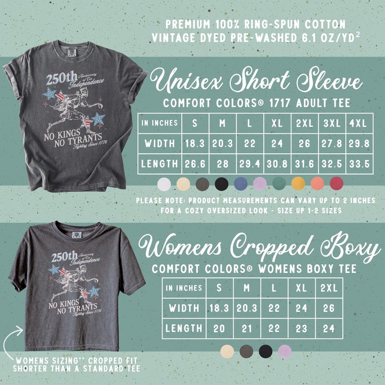 May include: Two gray t-shirts with a vintage design commemorating the 250th anniversary of independence. The shirts feature the text "No Kings, No Tyrants" and size charts in inches. The shirts are unisex and women's cropped boxy.