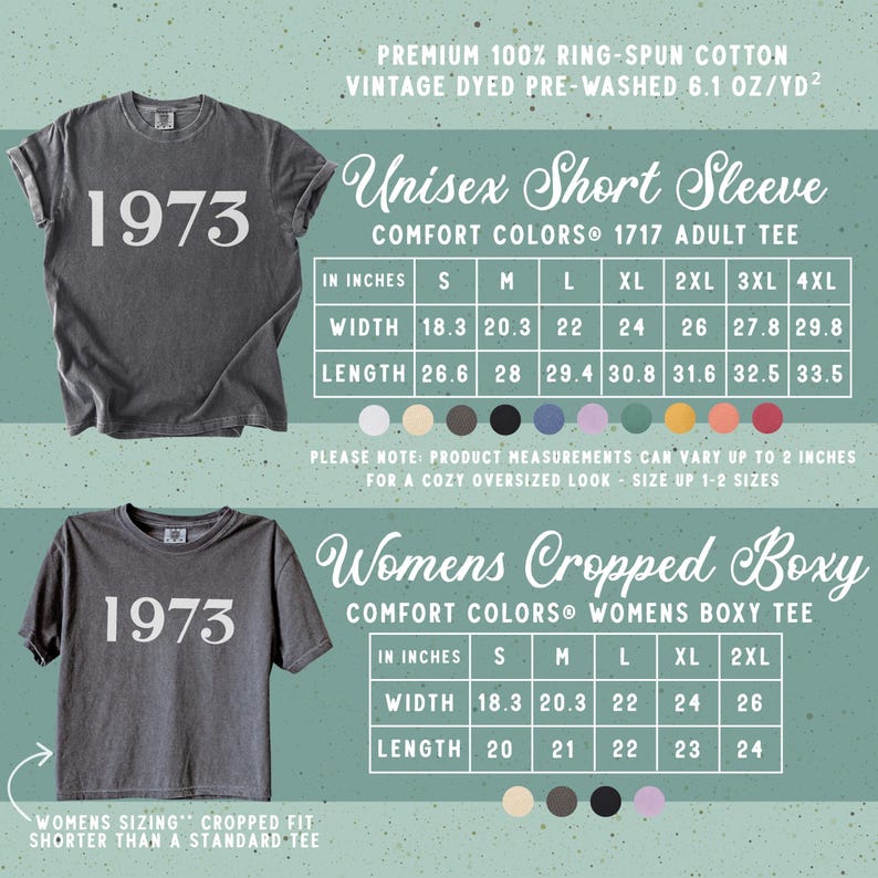 May include: A charcoal grey t-shirt with the text 1973 in white. The image includes two sizing charts for a short sleeve tee and a cropped boxy tee, listing widths and lengths in inches for sizes S through 4XL, made of 100% ring-spun cotton.