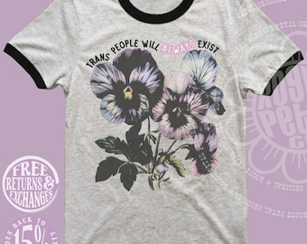 Las personas trans siempre existirán. Camiseta de protesta política de estilo vintage con ribete y diseño de afeminado azul y morado. Aliado LGBTQIA+. Colores de la bandera trans. Orgullo.