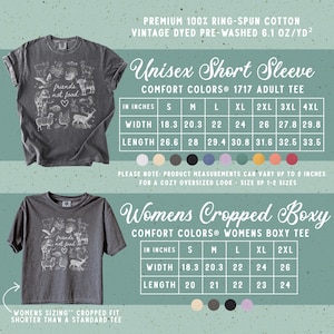 Puede incluir: Dos camisetas grises con el texto "friends not food" e ilustraciones de animales. Una es una camiseta unisex de manga corta, y la otra es una camiseta boxy corta para mujer. Se incluyen tablas de tallas.