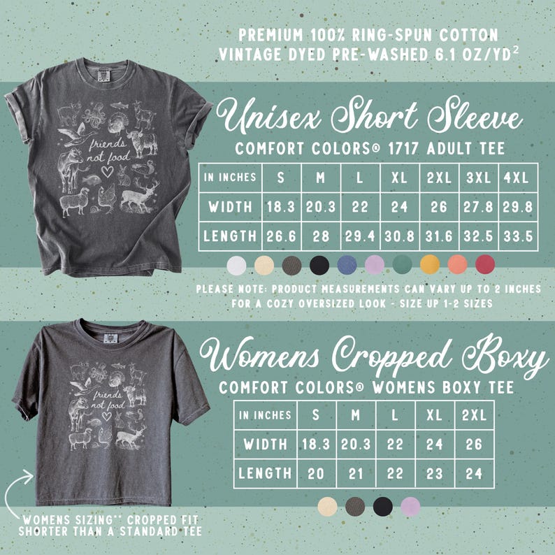 Puede incluir: Dos camisetas grises con el texto "friends not food" e ilustraciones de animales. Una es una camiseta unisex de manga corta, y la otra es una camiseta boxy corta para mujer. Se incluyen tablas de tallas.