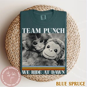 May include: Blue spruce t-shirt with the text "TEAM PUNCH WE RIDE AT DAWN" and a black and white image of a monkey hugging a stuffed monkey. The shirt is folded on a woven, circular surface.