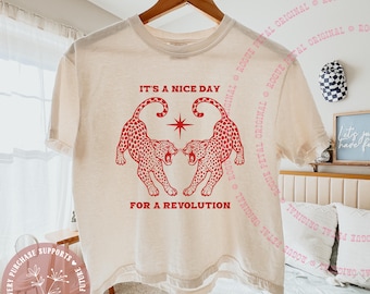 It's A Nice Day For A Revolution Women's Boxy Tee Red Leopard Mid Century Political Protest Crop Top Activist Resistance Era Anti Fascist