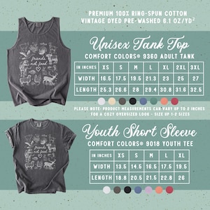 Puede incluir: Camiseta sin mangas y camiseta de manga corta unisex de color gris oscuro con un gr&aacute;fico blanco de animales y el texto "friends not food". Las medidas de la camiseta sin mangas est&aacute;n en pulgadas. Las camisetas est&aacute;n hechas de algod&oacute;n 100% hilado en anillo.