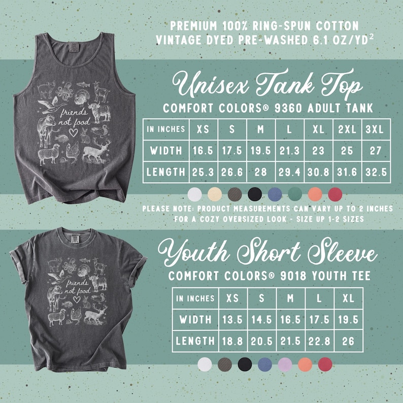 Puede incluir: Camiseta sin mangas y camiseta de manga corta unisex de color gris oscuro con un gr&aacute;fico blanco de animales y el texto "friends not food". Las medidas de la camiseta sin mangas est&aacute;n en pulgadas. Las camisetas est&aacute;n hechas de algod&oacute;n 100% hilado en anillo.