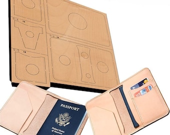 May include: A leather passport holder with a US passport inside, a credit card, and a separate pocket for cash. The holder is made from light brown leather and has a simple design. The holder is shown next to a template for making the holder.